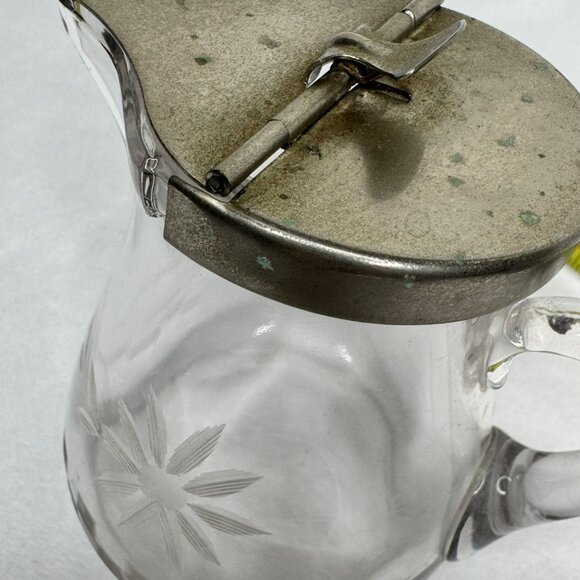 Vintage Glass Syrup Pitcher With Etched Floral Design & Hinged Metal Lid - Picture 6 of 10